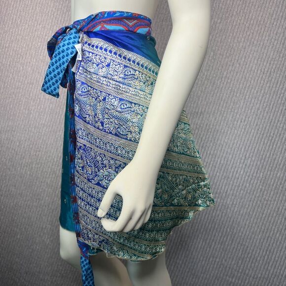 Reversible Wrap Skirt Dress Sari Colorful Upcycle Boho Indie Womens Convertible - Picture 9 of 10